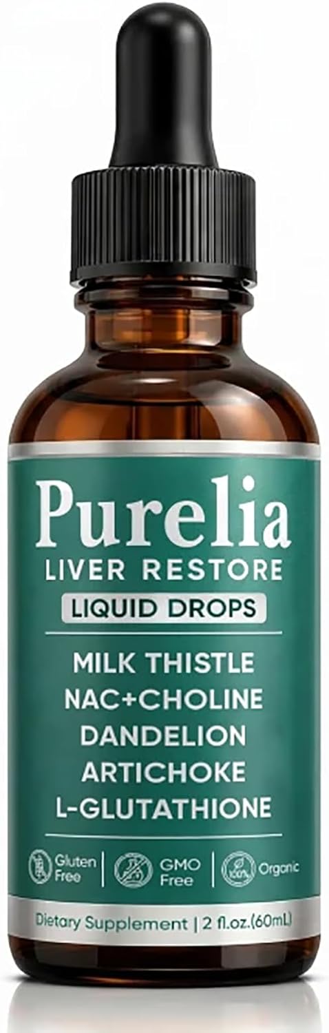 Purelia Liver Restore Drops – Complete Liver Detox Support Supplement with Milk Thistle, Dandelion & L-Glutathione for Liver Cleanse & Digestion Aid Health, 2 Fl Oz (1)
