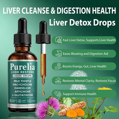 Purelia Liver Restore Drops – Complete Liver Detox Support Supplement with Milk Thistle, Dandelion & L-Glutathione for Liver Cleanse & Digestion Aid Health, 2 Fl Oz (1)